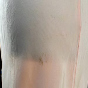 May include: Pale pink, sheer fabric garment with a vertical seam and delicate trim. The fabric appears to be slightly wrinkled, with some darker areas and brown spots. The garment's design is simple and elegant.