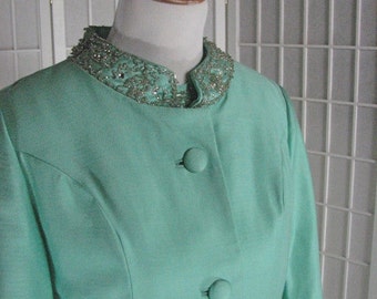 1960s Mint Green Beaded Dress & Jacket Ensemble.......   MINT CONDITION.......  size 12