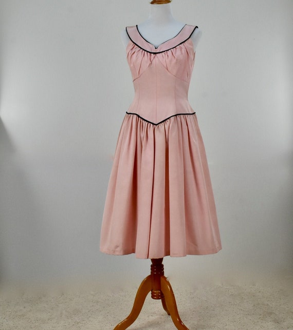 1950s Pink Faille PARTY  Dress with Black  Velvet… - image 1