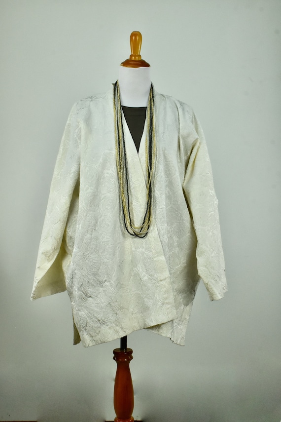 ESKANDAR Ivory Silk Brocade Kimono Style Jacket ..
