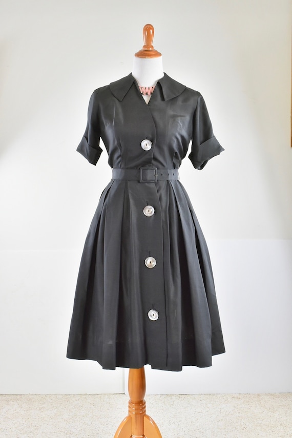 1950/60s Black Silk Button Down Shirtwaist Dress b