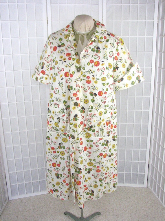 1940s Cotton Button Down House Dress / Novelty Mushro… Gem