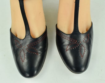 1970s Ferragamo Navy Leather T Strap Heels