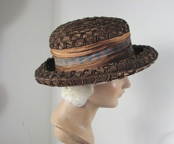 Edwardian Copper Brown Straw Hat with Silk Ribbon… - image 2