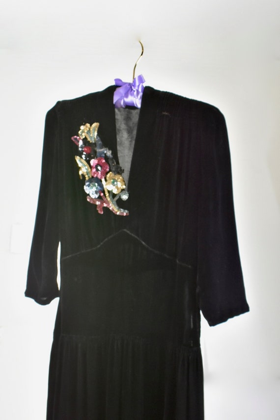 1940s Black Silk Velvet Gown with SEQUIN CORSAGE..
