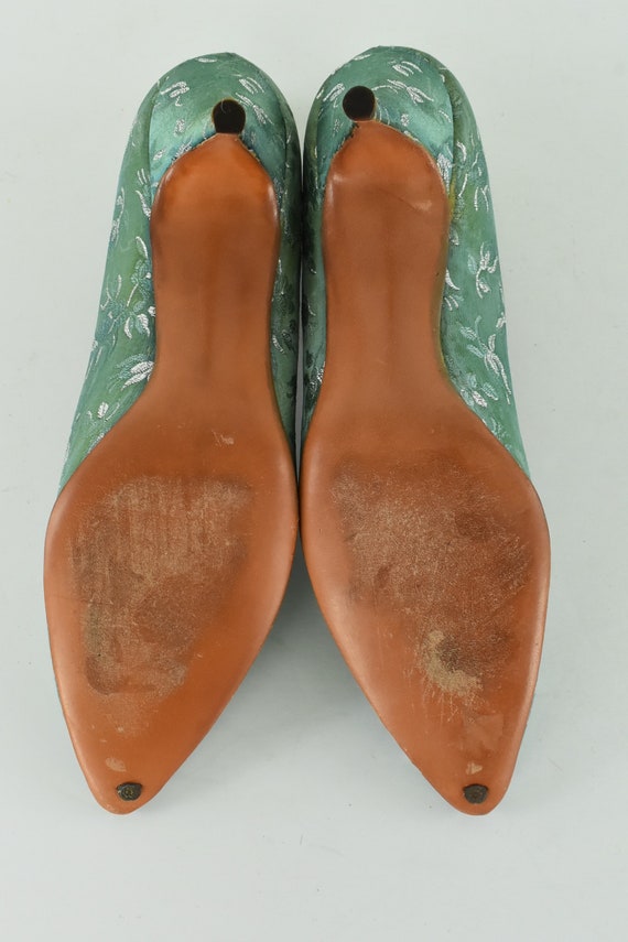 1950/60s John Jerro Brocade Heels in Green & Silv… - image 8