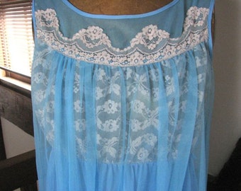 1960s Blue Nylon Nightgown with Lace / size Medium