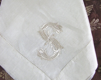 Victorian / Edwardian Exquisitely Embroidered "S" Oversized Silk Handkerchief.....   Antique White