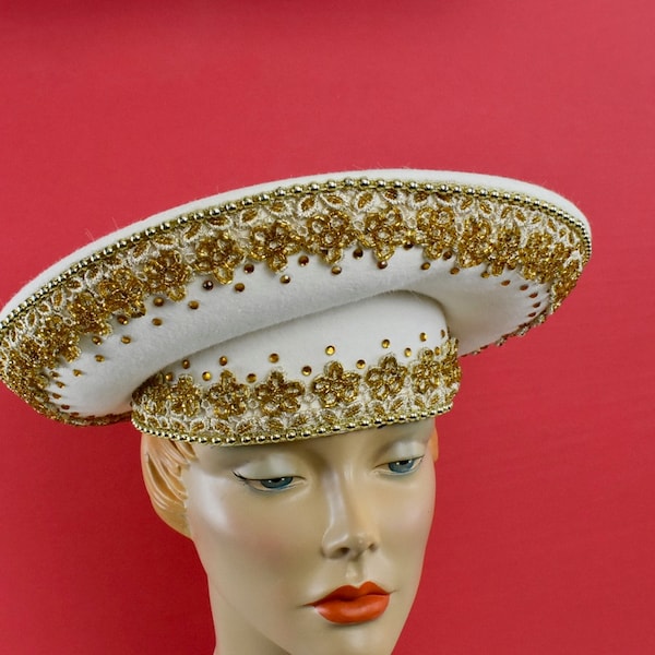 Jack McConnell ( RED FEATHER HAT ) in Ivory Wool & Gold Applique Work.....size Small