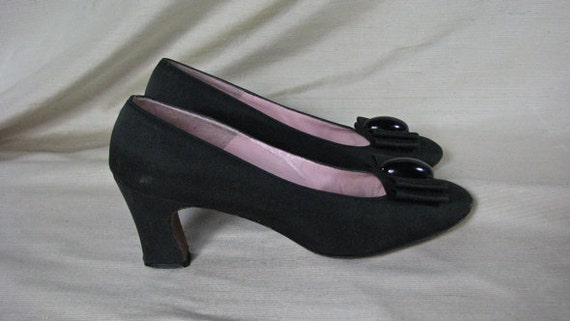 1960s Black Satin Pumps with Bows...... Hand Sewn… - image 5