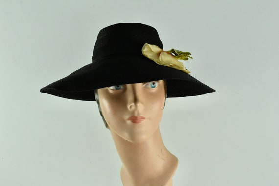 1930/40s Black Straw Hat ...... size Small - image 7