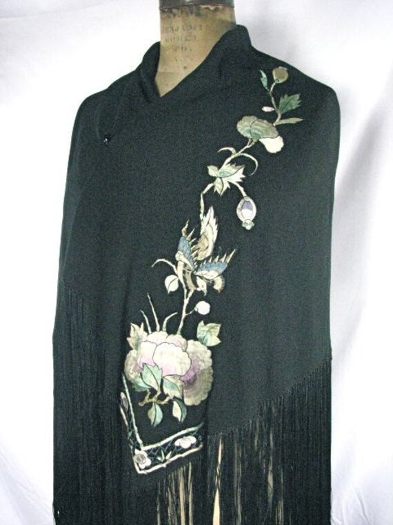 1920s Crepe Silk Black Oversized Shawl with Appli