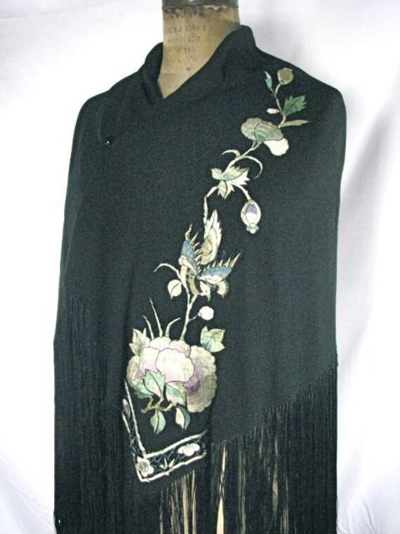 1920s  Crepe Silk Black Oversized Shawl with Appl… - image 1