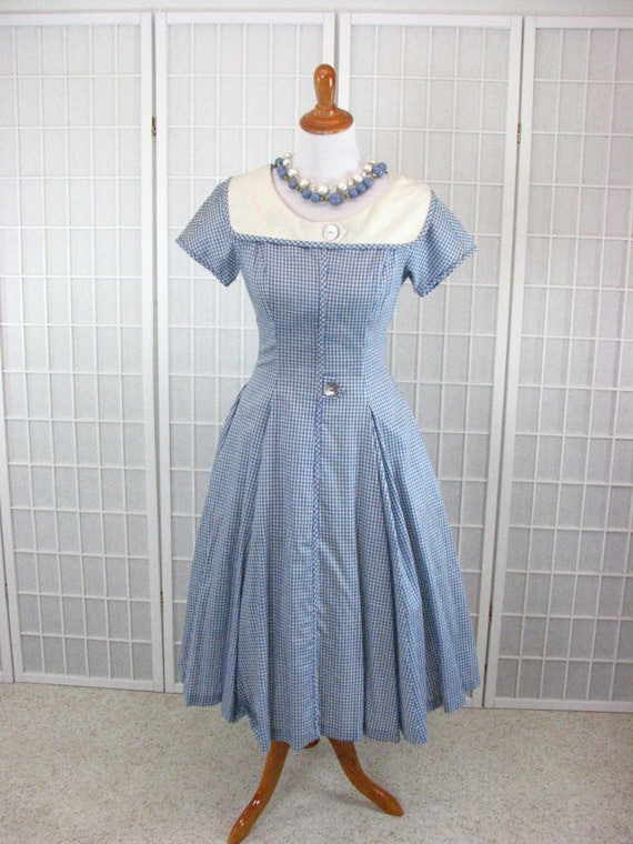 1950s Blue Checked Summer Linen  ROCKABILLY Dress 