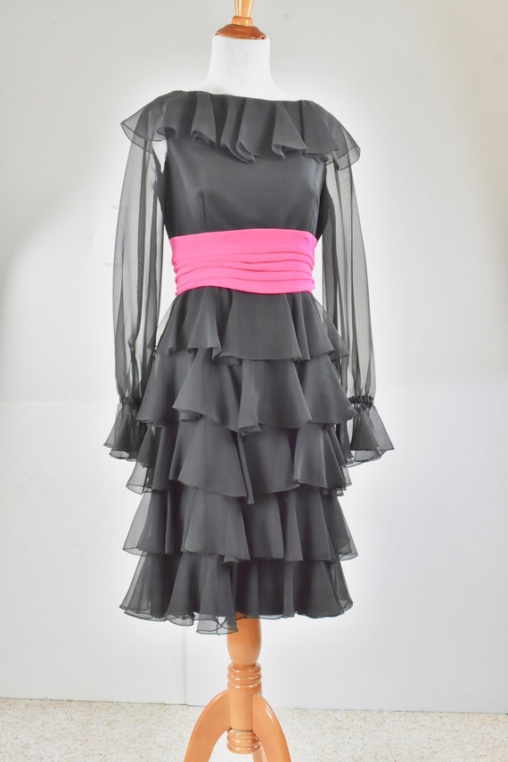 1970s Anthony Muto Black Chiffon Dress with HOT PI