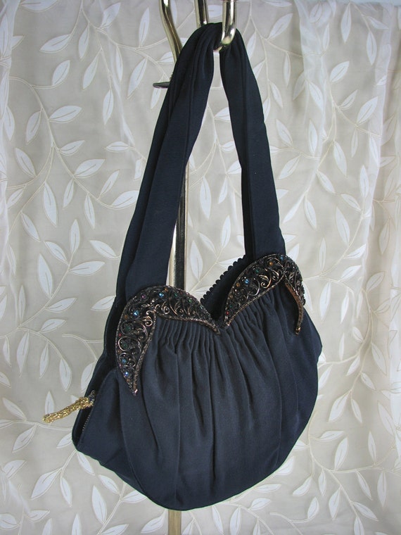 1940/50s Black Faille Handbag with GLAMOROUS Fili… - image 2