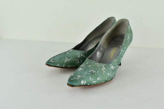 1950/60s John Jerro Brocade Heels in Green & Silv… - image 3