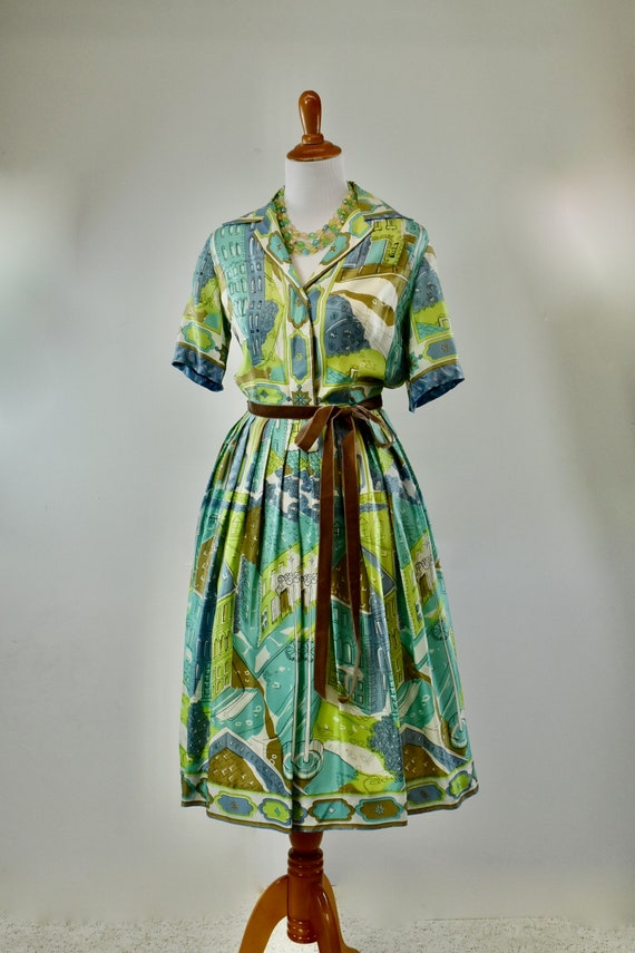 1950s Novelty Print CITYSCAPE Silk Dress. ....