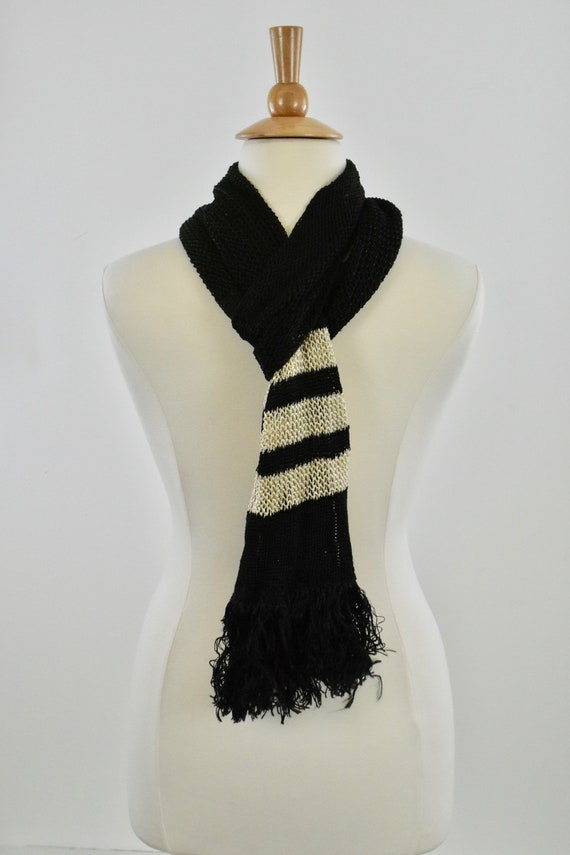 Edwardian Crocheted  LONG Silk Black & Ivory Scarf - image 2