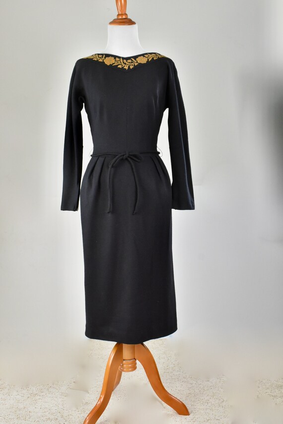 1950s YOUTH GUILD Black Knit Wiggle Dress with Ha