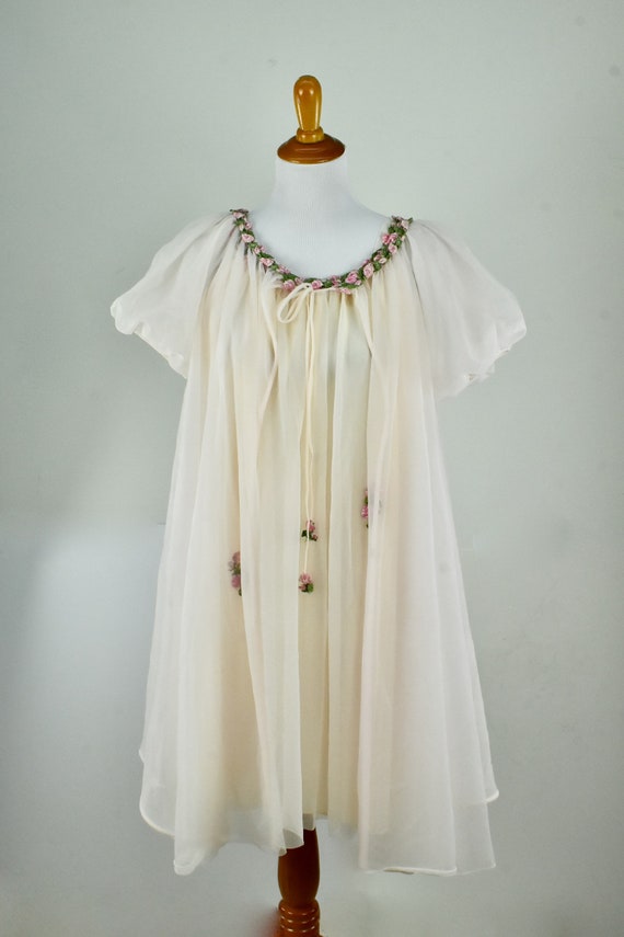 1960s Blush Peignoir Set with Pink Rose Trim by