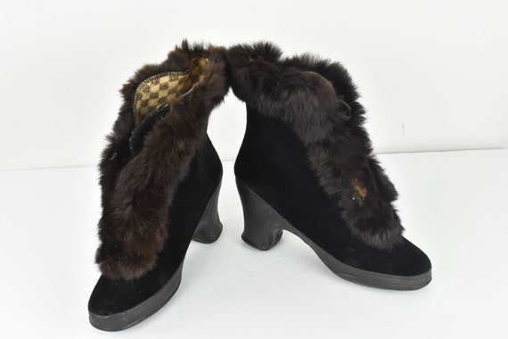 1930/40s Black Rabbit Trimmed Cold Weather Velvet