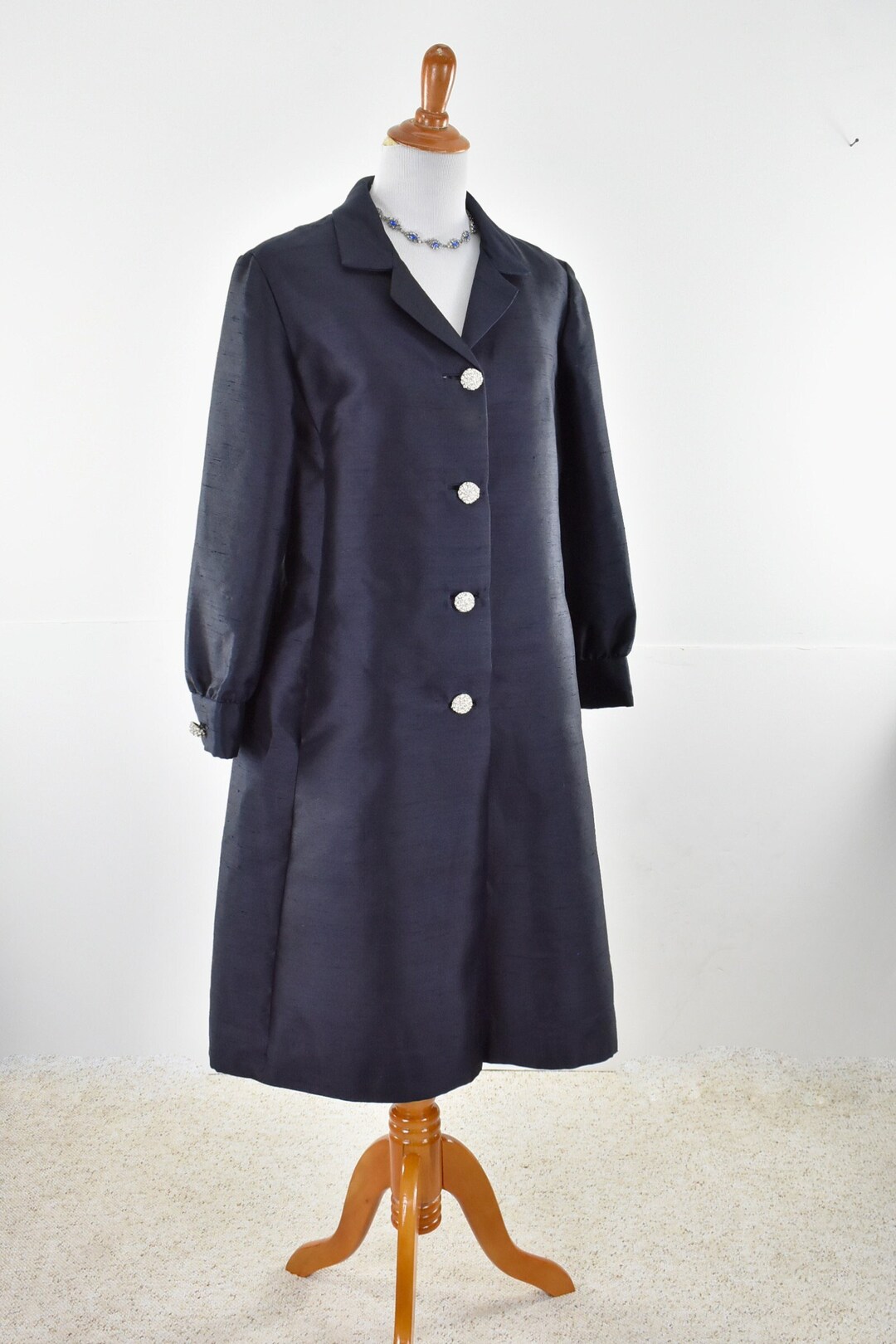 1960s Navy Blue Coat Dress Great RHINESTONE Buttons...... Size X