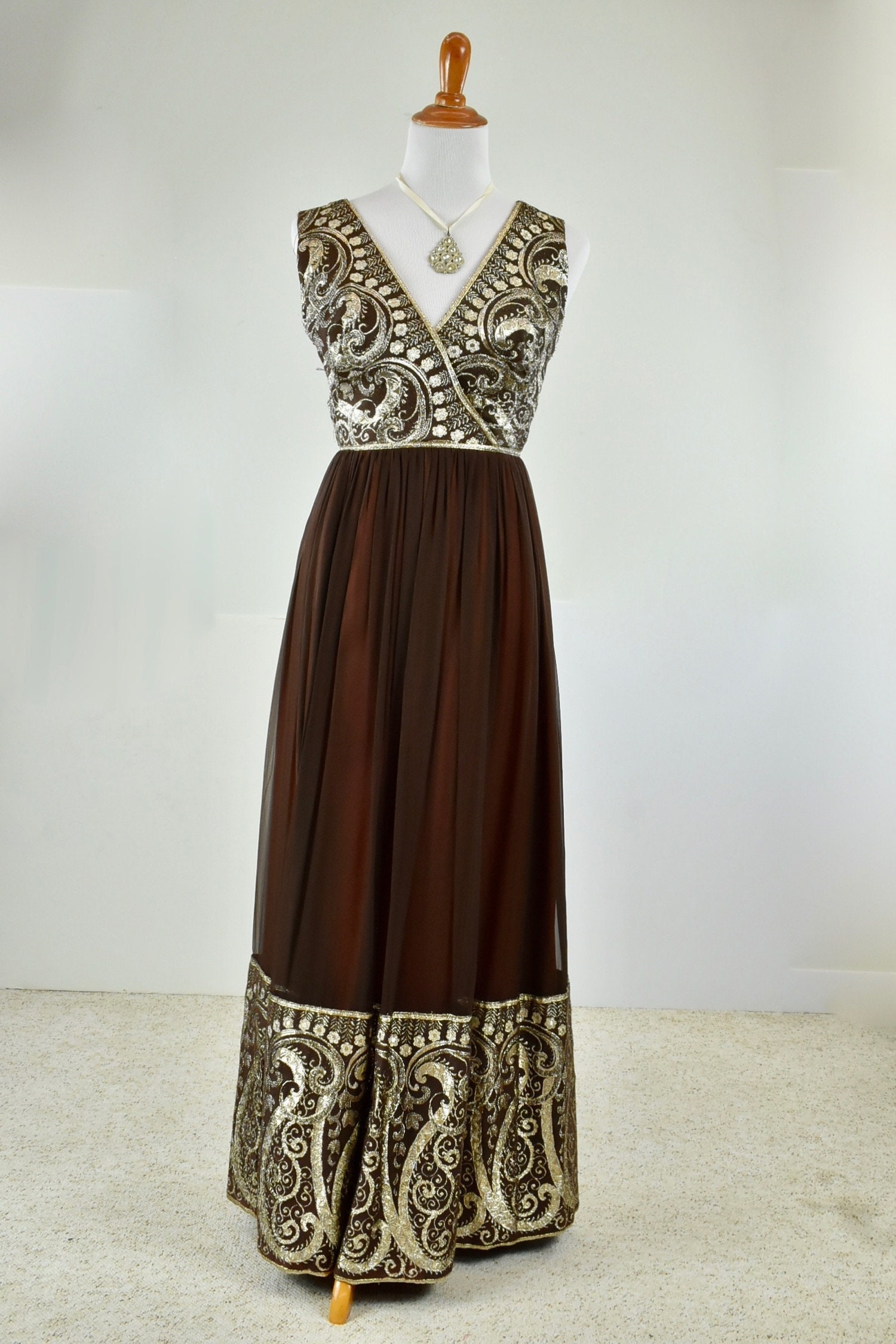 gold lame dress 70s 1970s Black Chiffon Gold Lam Full Skirt Maxi Dress Gown