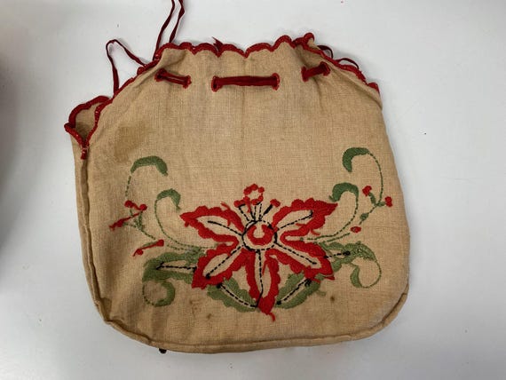 Antique  Hand EMBROIDERED Linen Drawstring Purse … - image 7