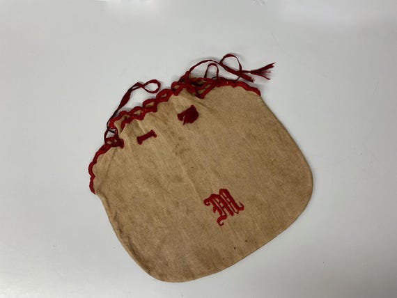 Antique  Hand EMBROIDERED Linen Drawstring Purse … - image 3