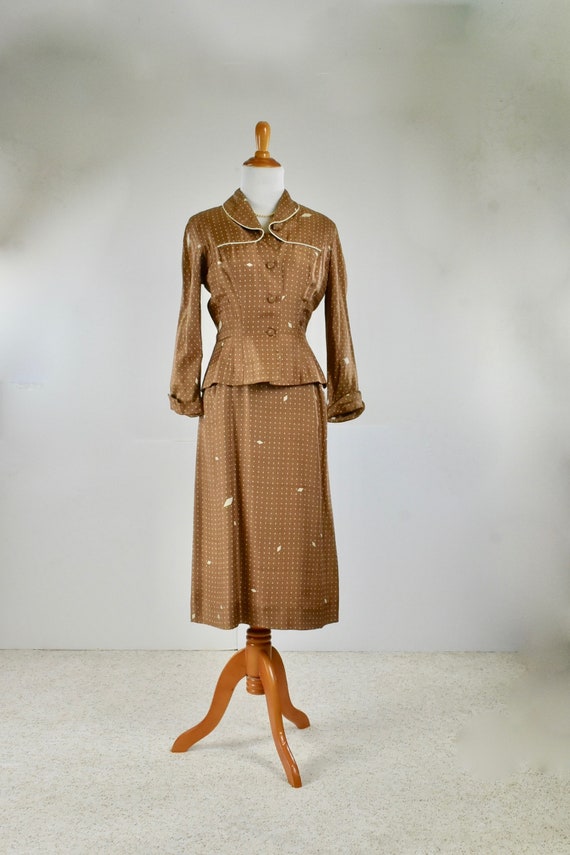 1950s Silk Caramel Colored Dress & Matching Jacke… - image 1