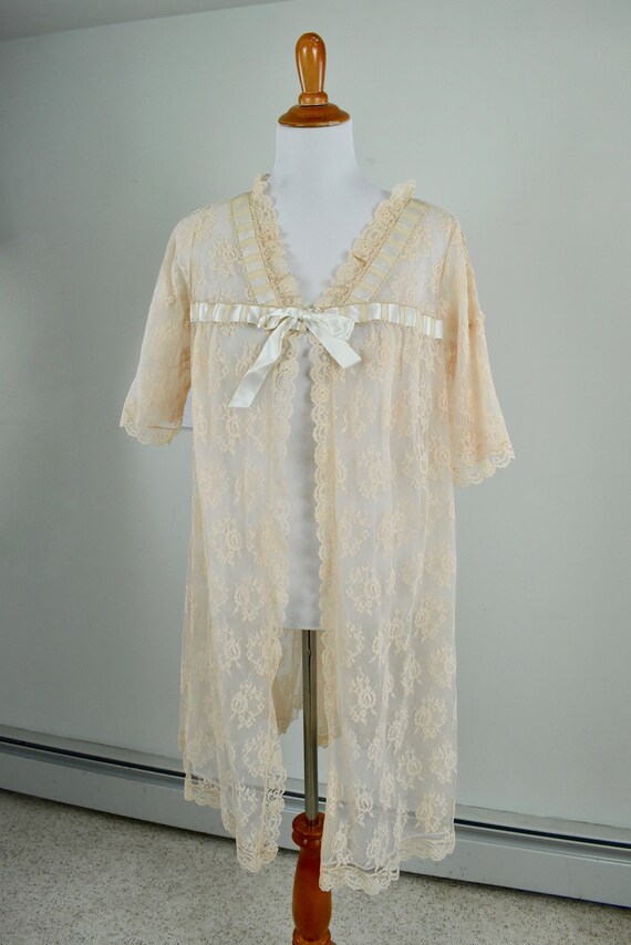 Robe Ribbon 1960s Blush Lace Robe with Ribbon Detail by Anne Maid… - Gem