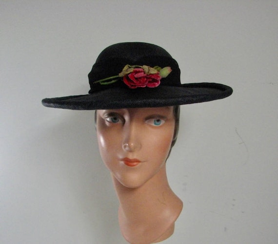 1930s Navy Straw Hat with Pink Velvet Rose Trim,,,
