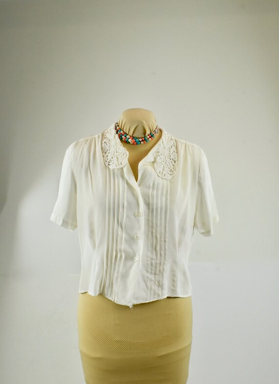 1950s ROCKABILLY White Rayon Blouse with Pin Tuck