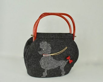 1950s  POODLE Handbag by GARAY in Gray Wool with Rhinestone Collar, Red Bow......... WOOF!