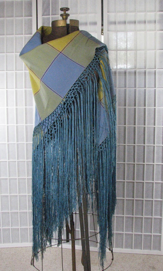 1930s Stunning Antique Plaid Wool Shawl with Silk