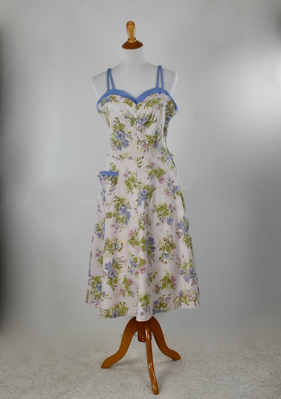 1940s Floral Cotton Sundress in Pink & Periwinkle