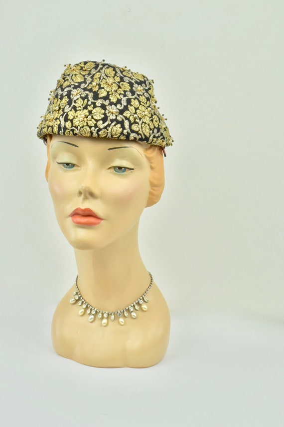 1950s Hattie Carnegie LAME Black Hat with Dangling