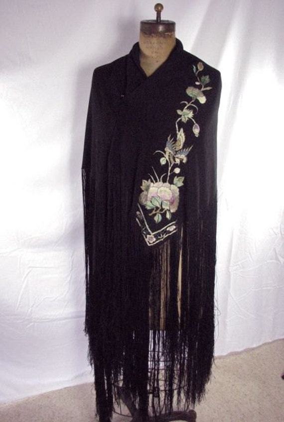 1920s  Crepe Silk Black Oversized Shawl with Appl… - image 2