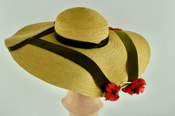 VINTAGE Chic Floral Straw Wide brim Hat with velvet Ribbon Poppies! 1930s Wide Brim Sunhat With Large Poppies - Etsy Israel main image 2