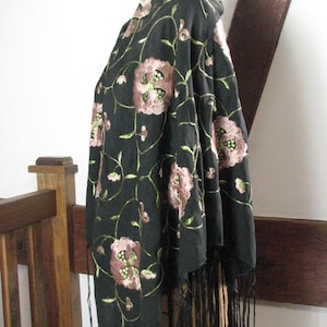 1920s Authentic   Black SIlk Fringe Shawl with Pale Pink  Embroidered Flowers