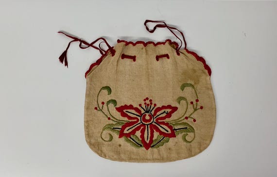 Antique  Hand EMBROIDERED Linen Drawstring Purse … - image 1