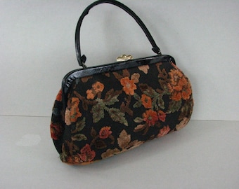 1950/60s Black Fabric  JR Handbag  with Autumnal Chenille Flowers