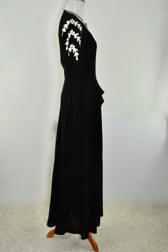 Stunning 1940s Black Silk Crepe Top w Extensive Hand Embroidered Neckline & Sleeves