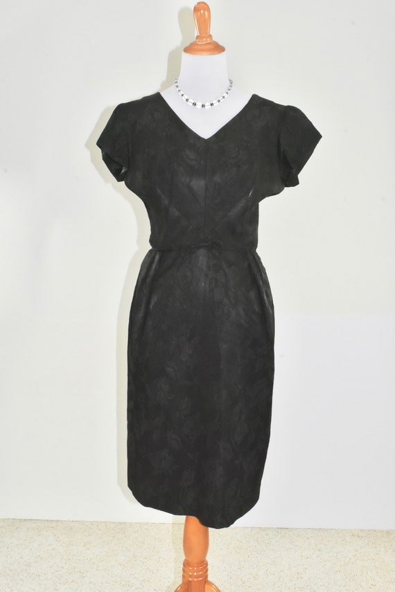 1950s Black BROCADE Wiggle Dress........... size … - image 8