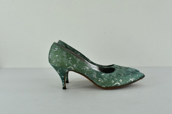 1950/60s John Jerro Brocade Heels in Green & Silv… - image 5