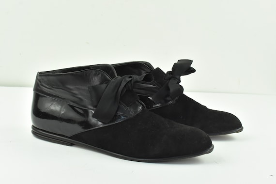 Vintage Italian Black Suede, Leather, & Patent Leather Shoe / Boot by FIRST LADY BOOTERY ...... size 8 M