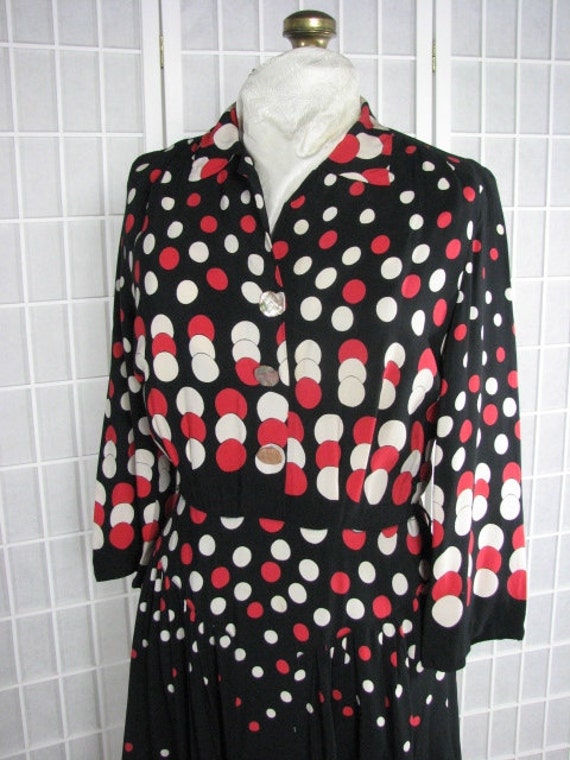 1930/40s Polka Dot Silk Dress in Black, Red, & Iv… - image 1