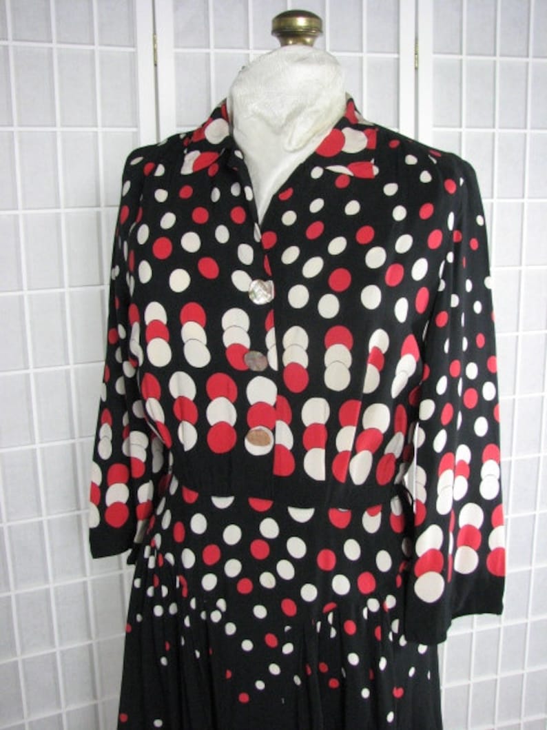 1930/40s Polka Dot Silk Dress in Black, Red, & Ivory.....size Medium....... FABULOUS PRINT image 1