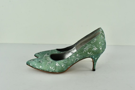 1950/60s John Jerro Brocade Heels in Green & Silv… - image 2